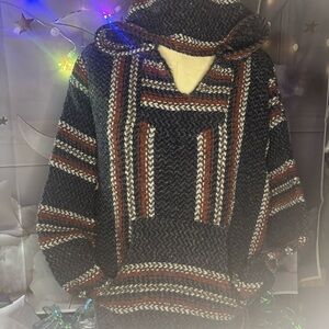 Baja Mexican Hoodie Pullover | Black Red White Woven Boho Sweater